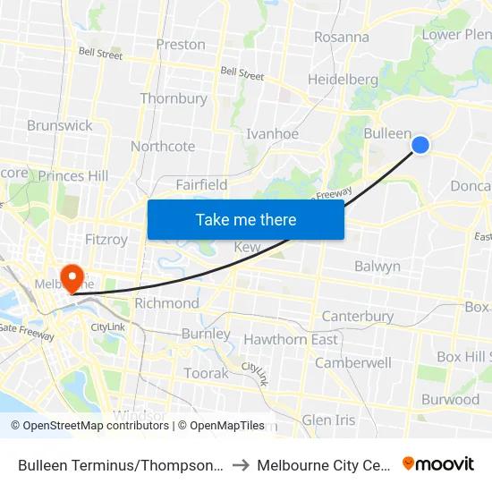 Bulleen Terminus/Thompsons Rd to Melbourne City Centre map