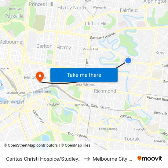 Caritas Christi Hospice/Studley Park Rd to Melbourne City Centre map