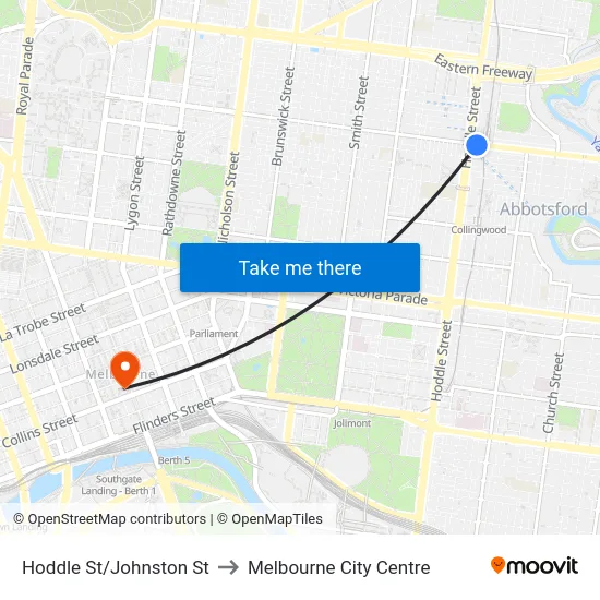 Hoddle St/Johnston St to Melbourne City Centre map