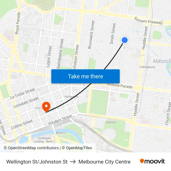 Wellington St/Johnston St to Melbourne City Centre map