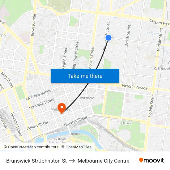 Brunswick St/Johnston St to Melbourne City Centre map