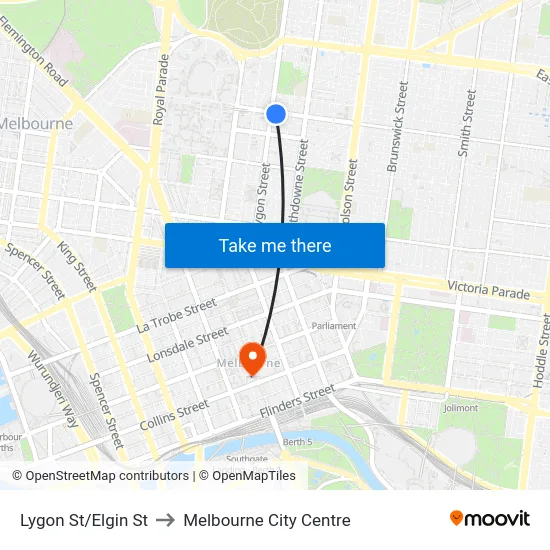 Lygon St/Elgin St to Melbourne City Centre map