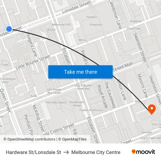 Hardware St/Lonsdale St to Melbourne City Centre map