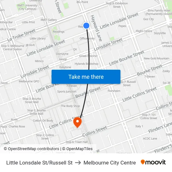 Little Lonsdale St/Russell St to Melbourne City Centre map