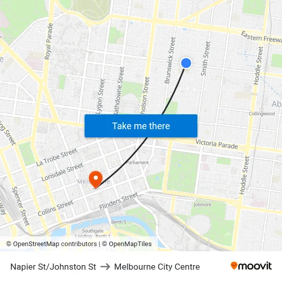 Napier St/Johnston St to Melbourne City Centre map