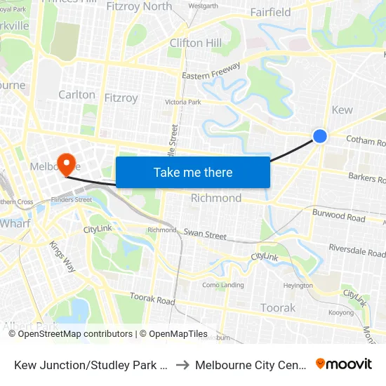 Kew Junction/Studley Park Rd to Melbourne City Centre map