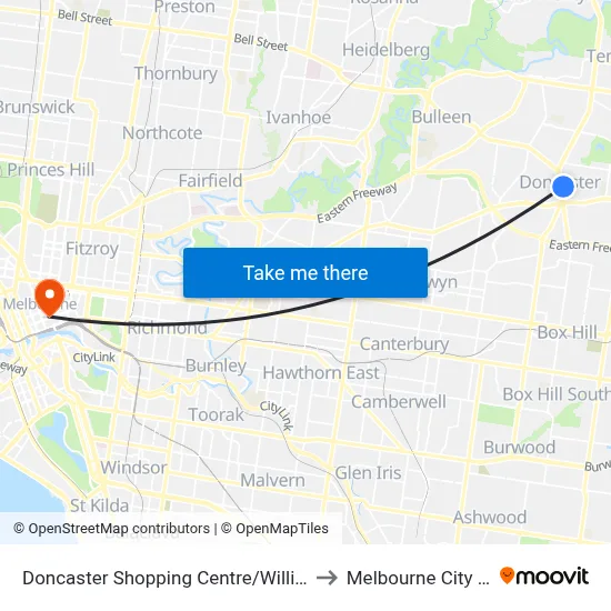 Doncaster Shopping Centre/Williamsons Rd to Melbourne City Centre map