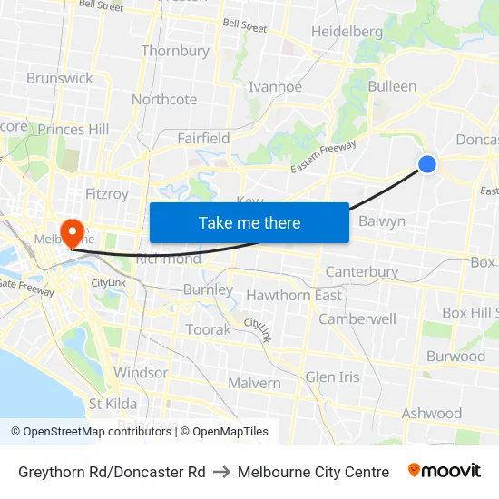 Greythorn Rd/Doncaster Rd to Melbourne City Centre map
