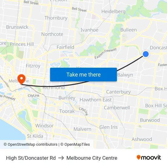 High St/Doncaster Rd to Melbourne City Centre map