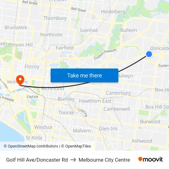 Golf Hill Ave/Doncaster Rd to Melbourne City Centre map