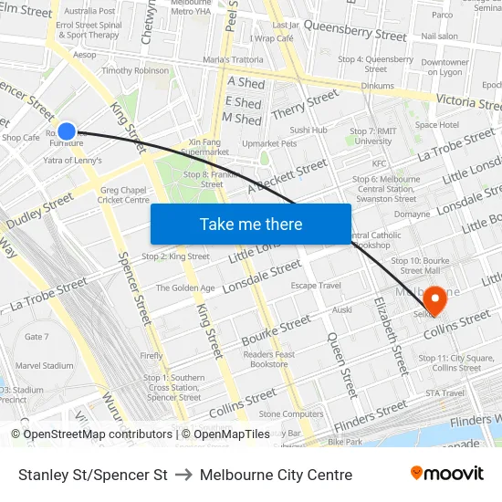 Stanley St/Spencer St to Melbourne City Centre map