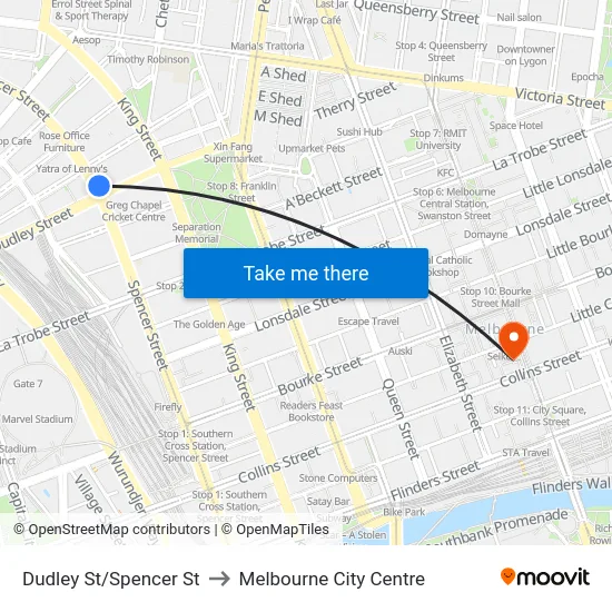 Dudley St/Spencer St to Melbourne City Centre map