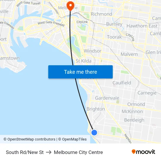 South Rd/New St to Melbourne City Centre map
