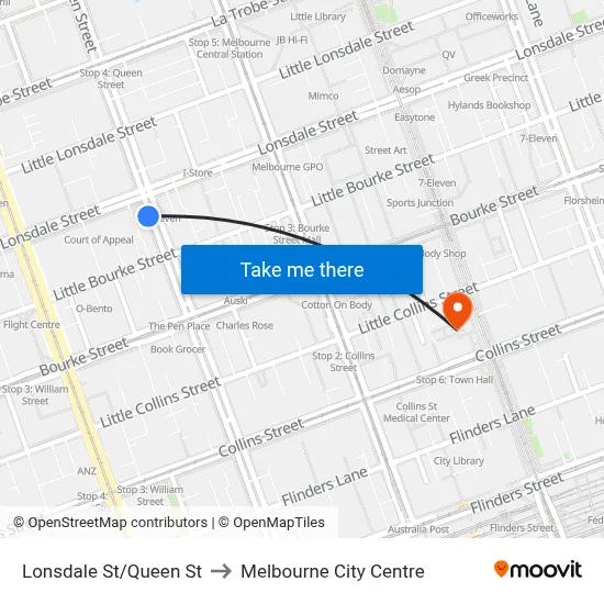 Lonsdale St/Queen St to Melbourne City Centre map
