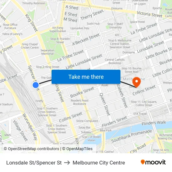 Lonsdale St/Spencer St to Melbourne City Centre map