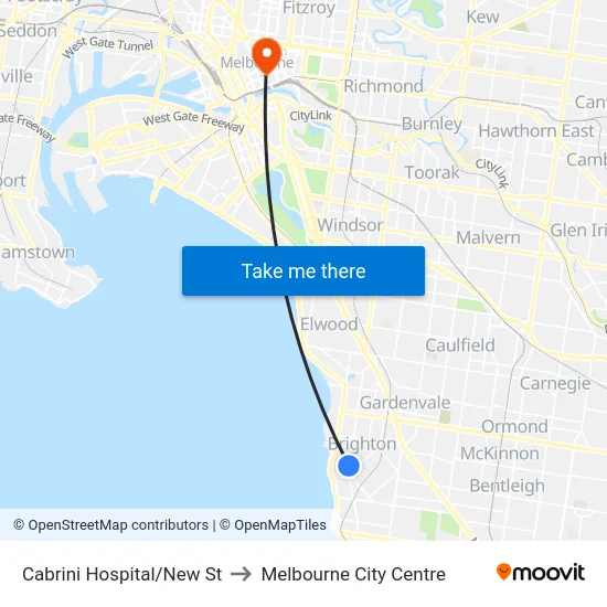 Cabrini Hospital/New St to Melbourne City Centre map