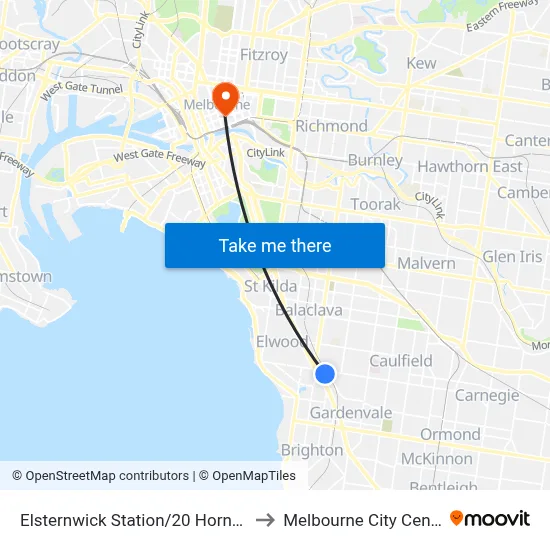 Elsternwick Station/20 Horne St to Melbourne City Centre map