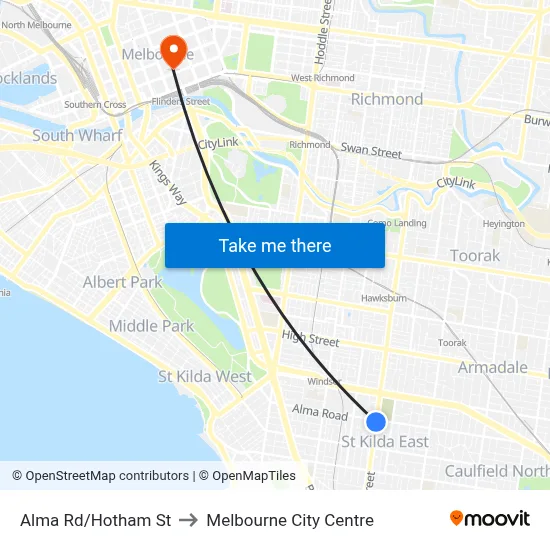 Alma Rd/Hotham St to Melbourne City Centre map