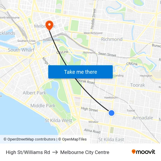 High St/Williams Rd to Melbourne City Centre map