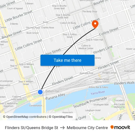 Flinders St/Queens Bridge St to Melbourne City Centre map