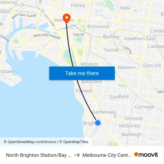 North Brighton Station/Bay St to Melbourne City Centre map