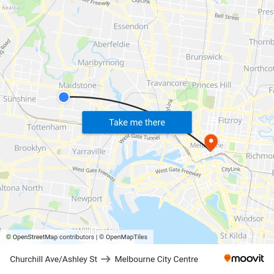 Churchill Ave/Ashley St to Melbourne City Centre map