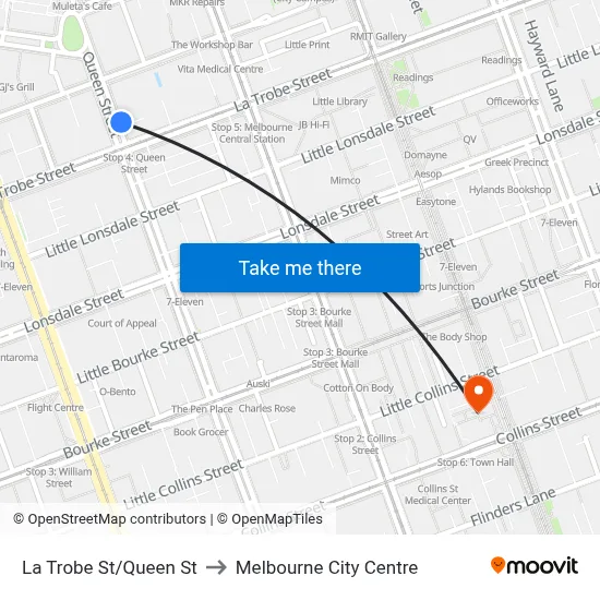 La Trobe St/Queen St to Melbourne City Centre map