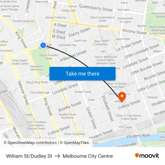William St/Dudley St to Melbourne City Centre map