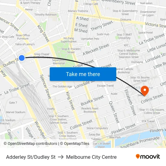 Adderley St/Dudley St to Melbourne City Centre map