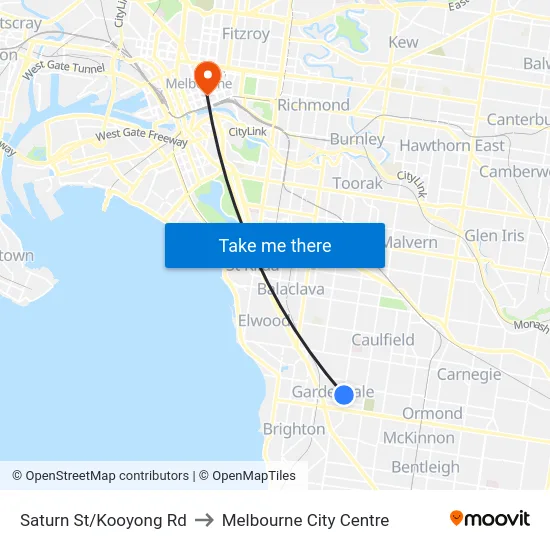 Saturn St/Kooyong Rd to Melbourne City Centre map