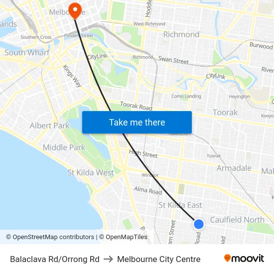 Balaclava Rd/Orrong Rd to Melbourne City Centre map