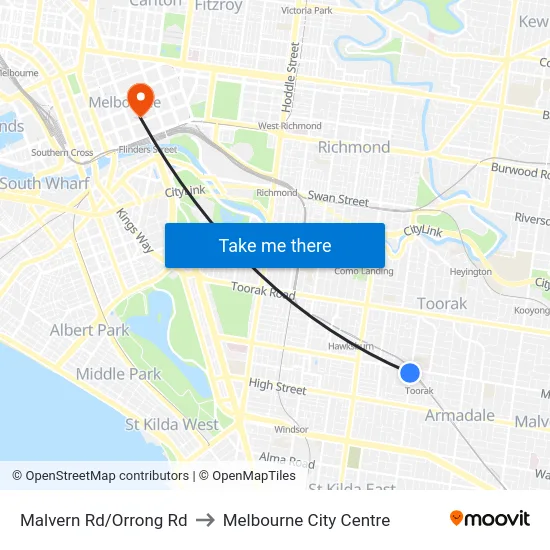 Malvern Rd/Orrong Rd to Melbourne City Centre map