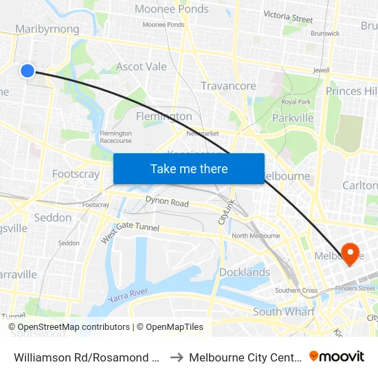 Williamson Rd/Rosamond Rd to Melbourne City Centre map