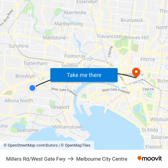 Millers Rd/West Gate Fwy to Melbourne City Centre map