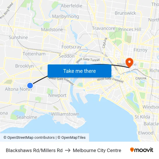 Blackshaws Rd/Millers Rd to Melbourne City Centre map