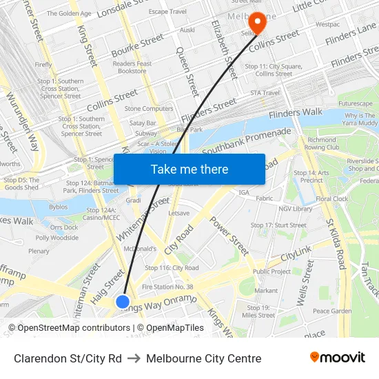 Clarendon St/City Rd to Melbourne City Centre map