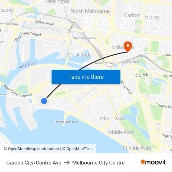 Garden City/Centre Ave to Melbourne City Centre map