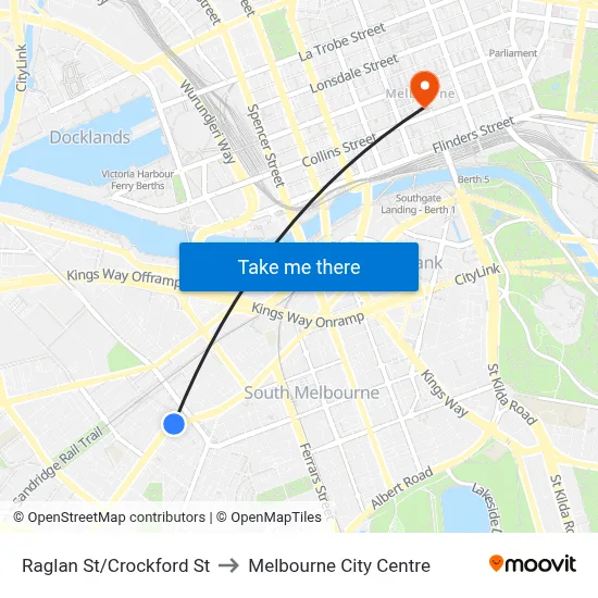 Raglan St/Crockford St to Melbourne City Centre map