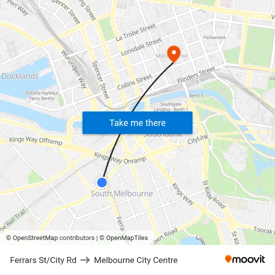Ferrars St/City Rd to Melbourne City Centre map