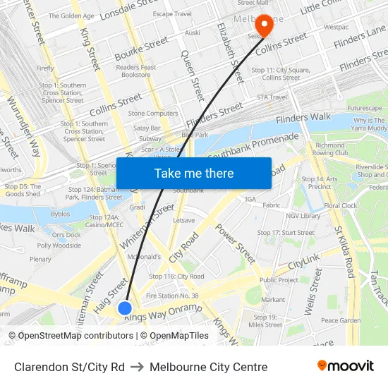 Clarendon St/City Rd to Melbourne City Centre map