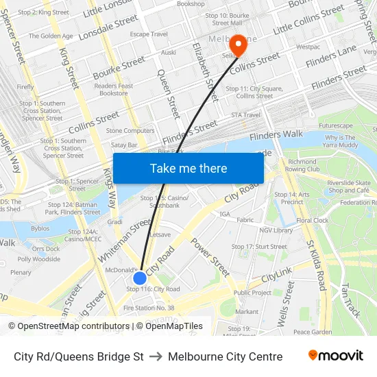 City Rd/Queens Bridge St to Melbourne City Centre map