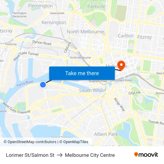 Lorimer St/Salmon St to Melbourne City Centre map