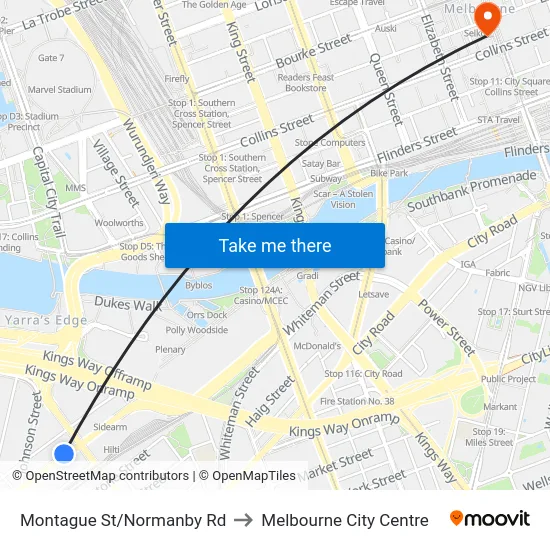 Montague St/Normanby Rd to Melbourne City Centre map