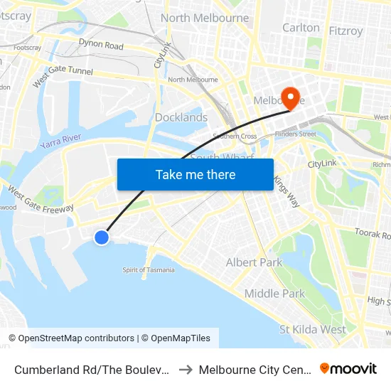 Cumberland Rd/The Boulevard to Melbourne City Centre map