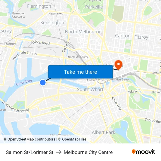 Salmon St/Lorimer St to Melbourne City Centre map