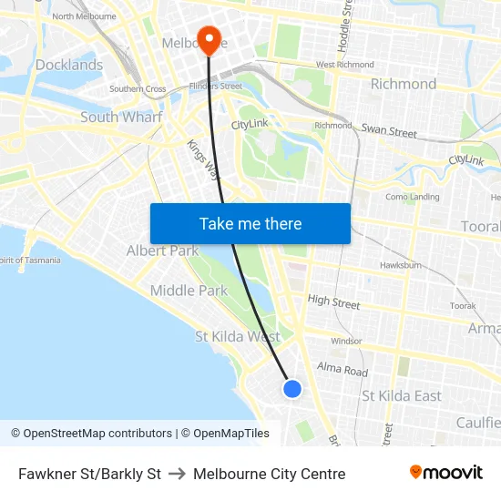 Fawkner St/Barkly St to Melbourne City Centre map