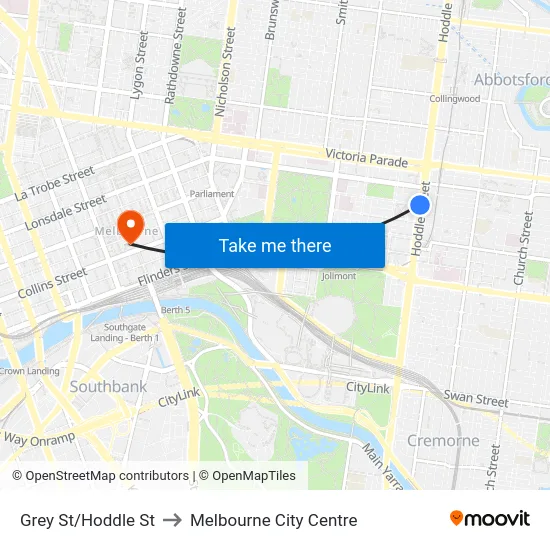 Grey St/Hoddle St to Melbourne City Centre map