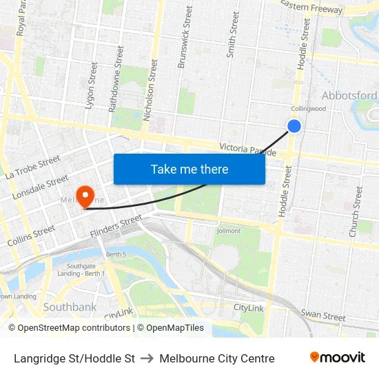 Langridge St/Hoddle St to Melbourne City Centre map