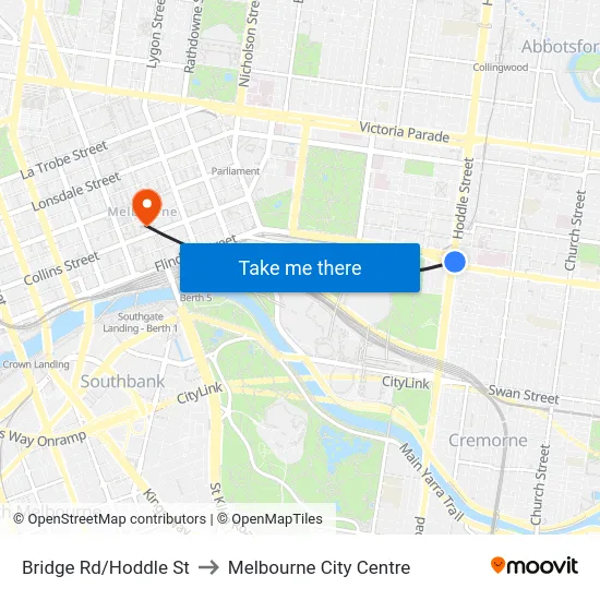 Bridge Rd/Hoddle St to Melbourne City Centre map