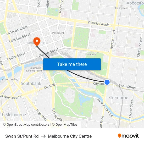 Swan St/Punt Rd to Melbourne City Centre map